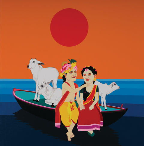 Krishna Sailing On The River